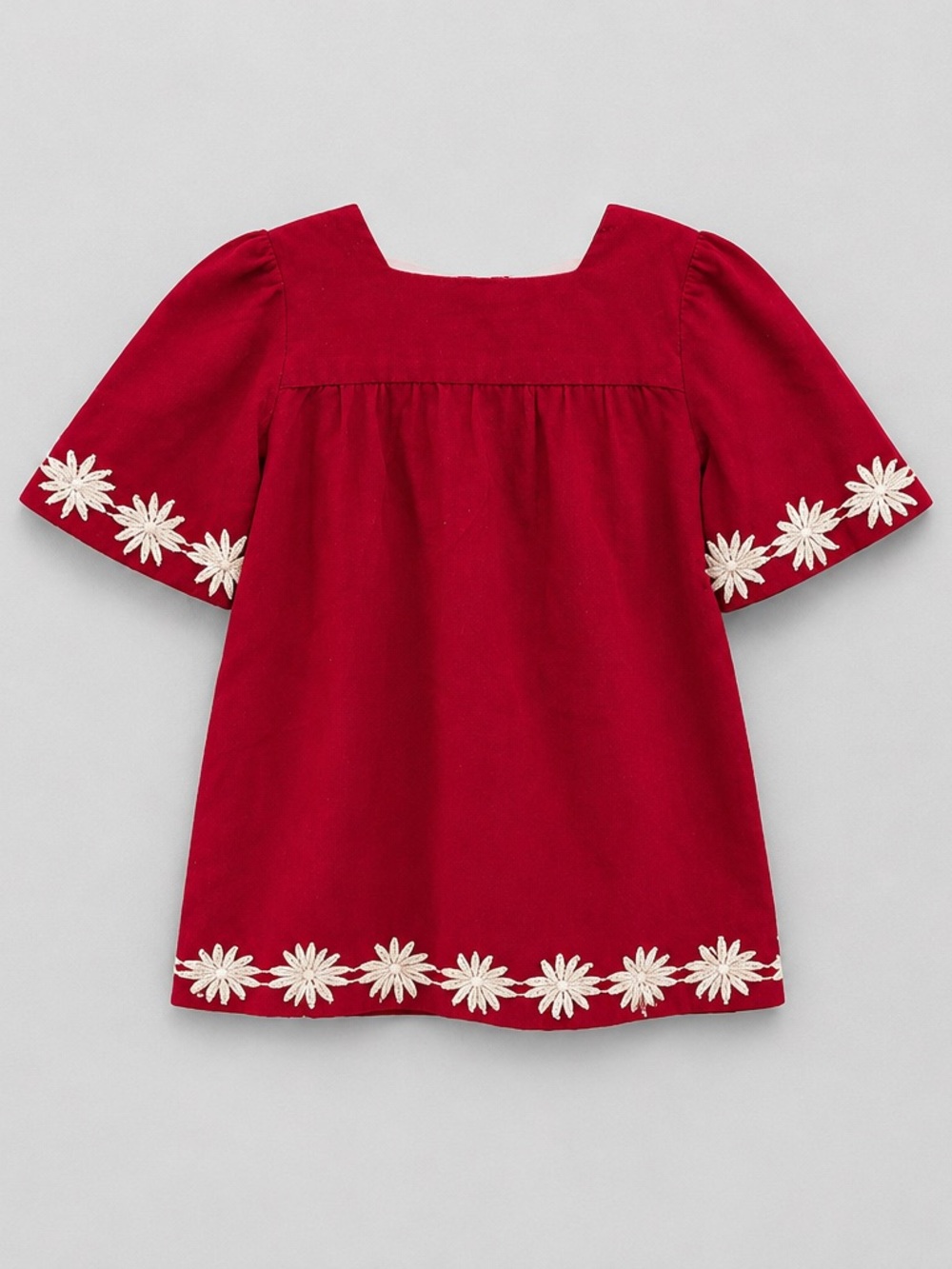 Girls' Vintage Red Velvet Embroidered Daisy Tunic Dress